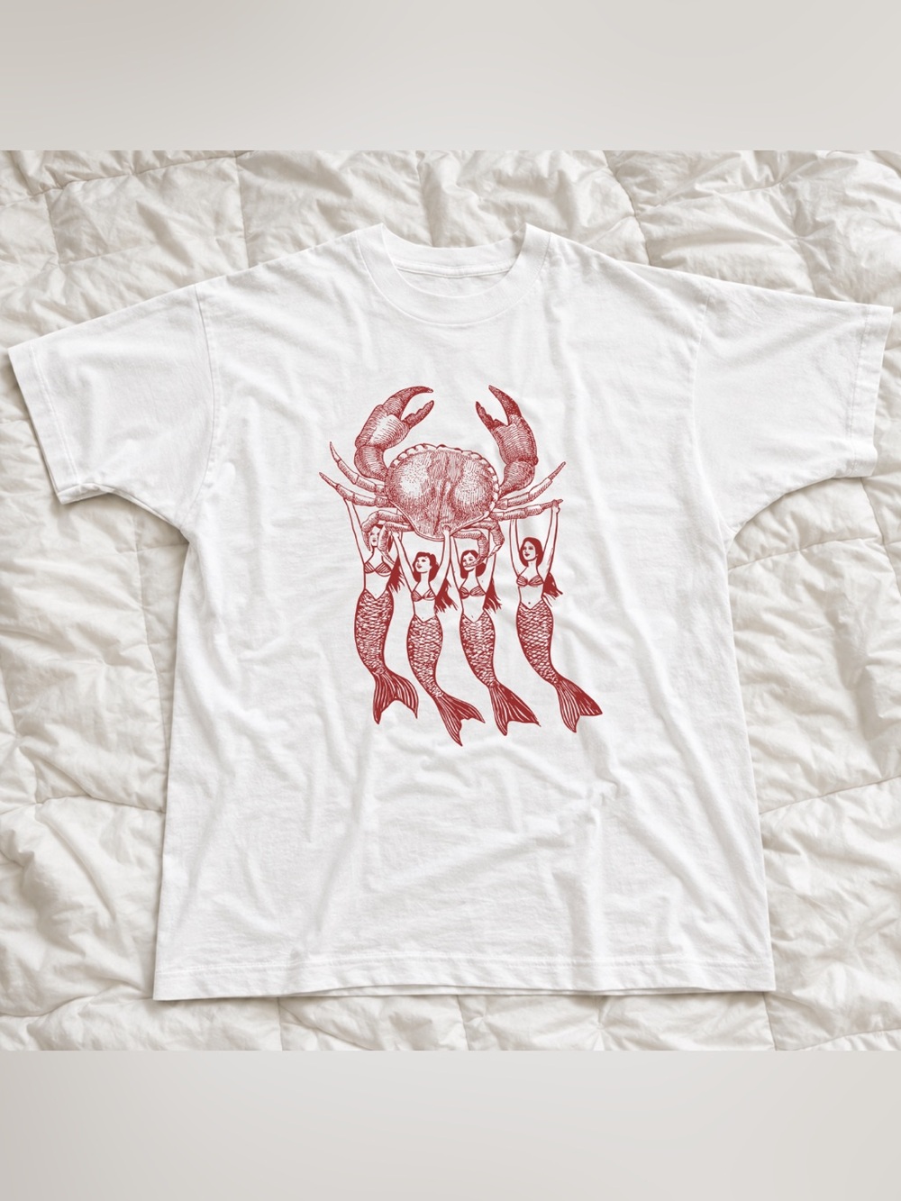 Men's White Swim Tee with Red Mermaid & Crab Graphic